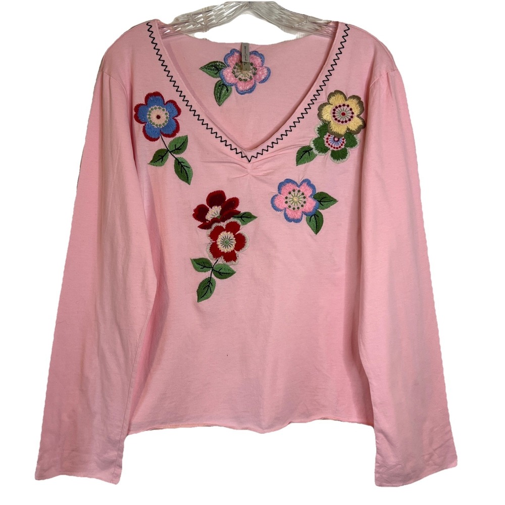 Vtg 90s Pink Floral Embroidered Boho 3/4 Sleeves V-Neck Top Casual Large